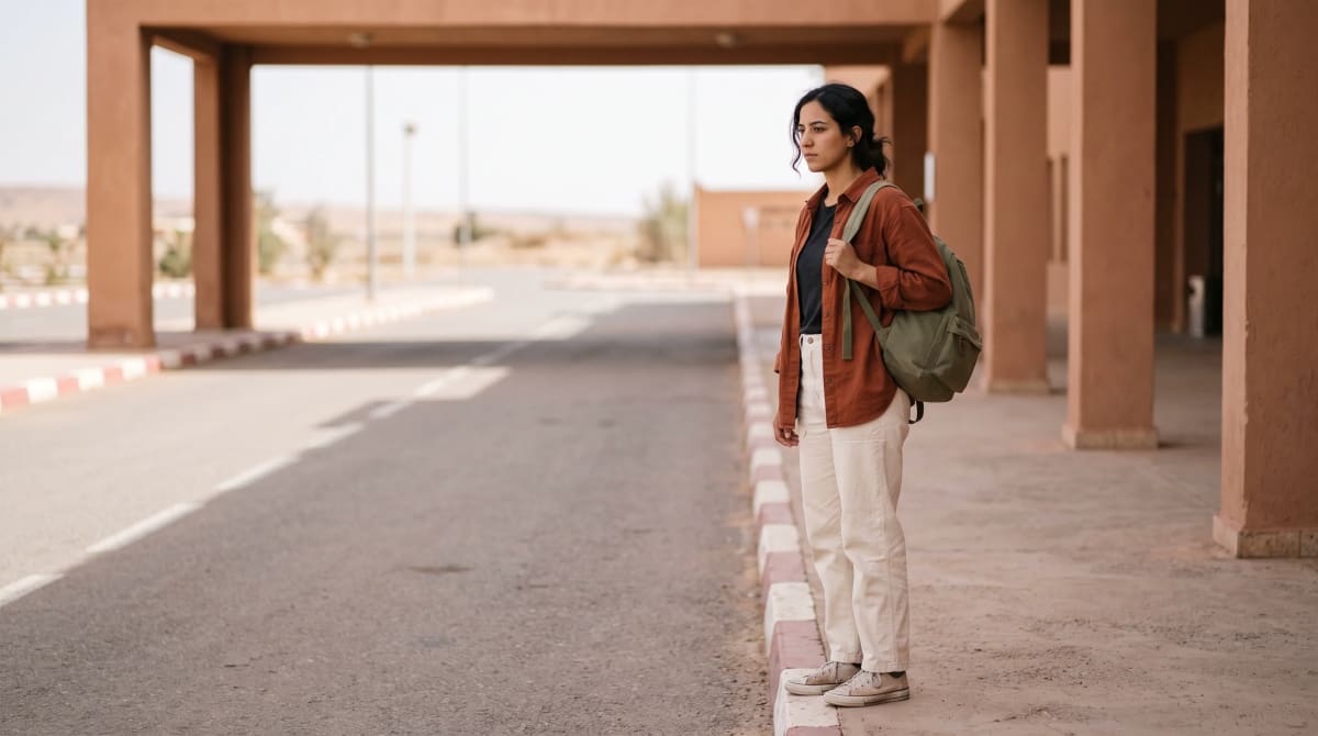Traveler waiting at an airport arrivals curb with a backpack