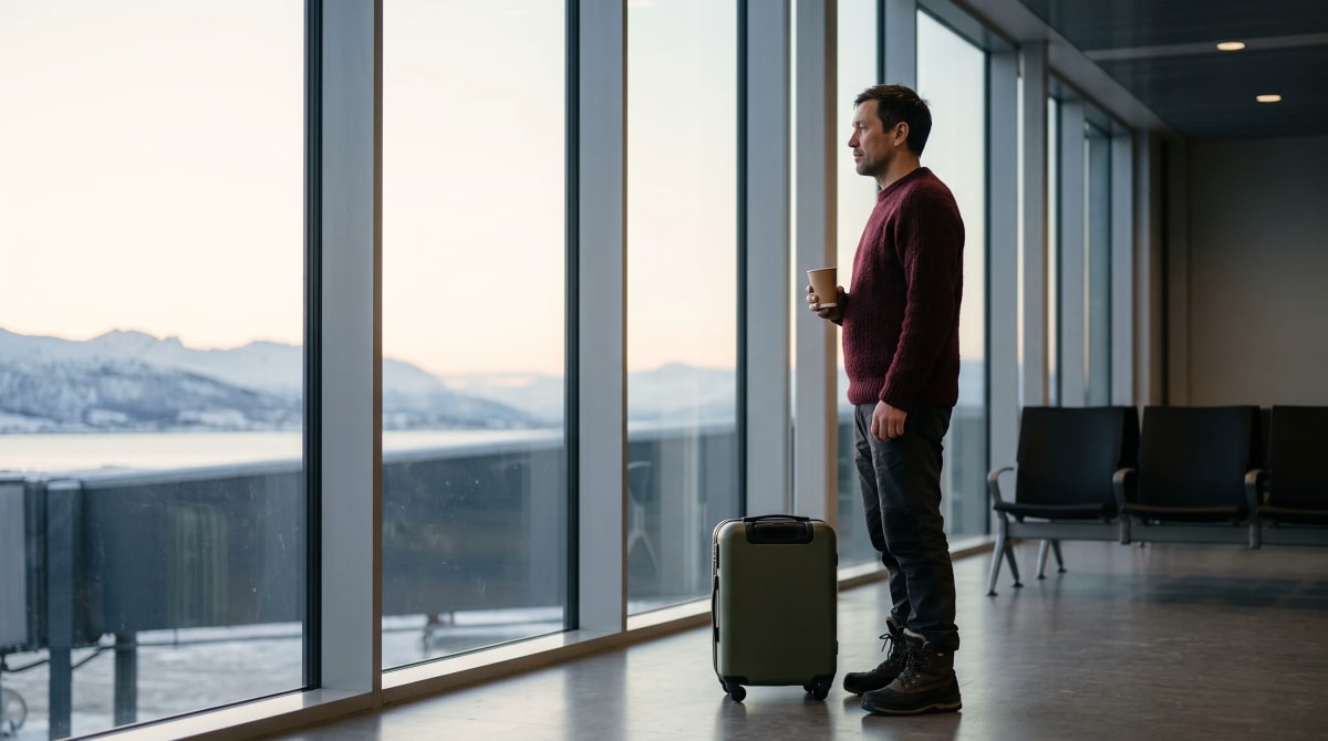 Traveler waiting beside a carry-on suitcase at an airport gate in morning light