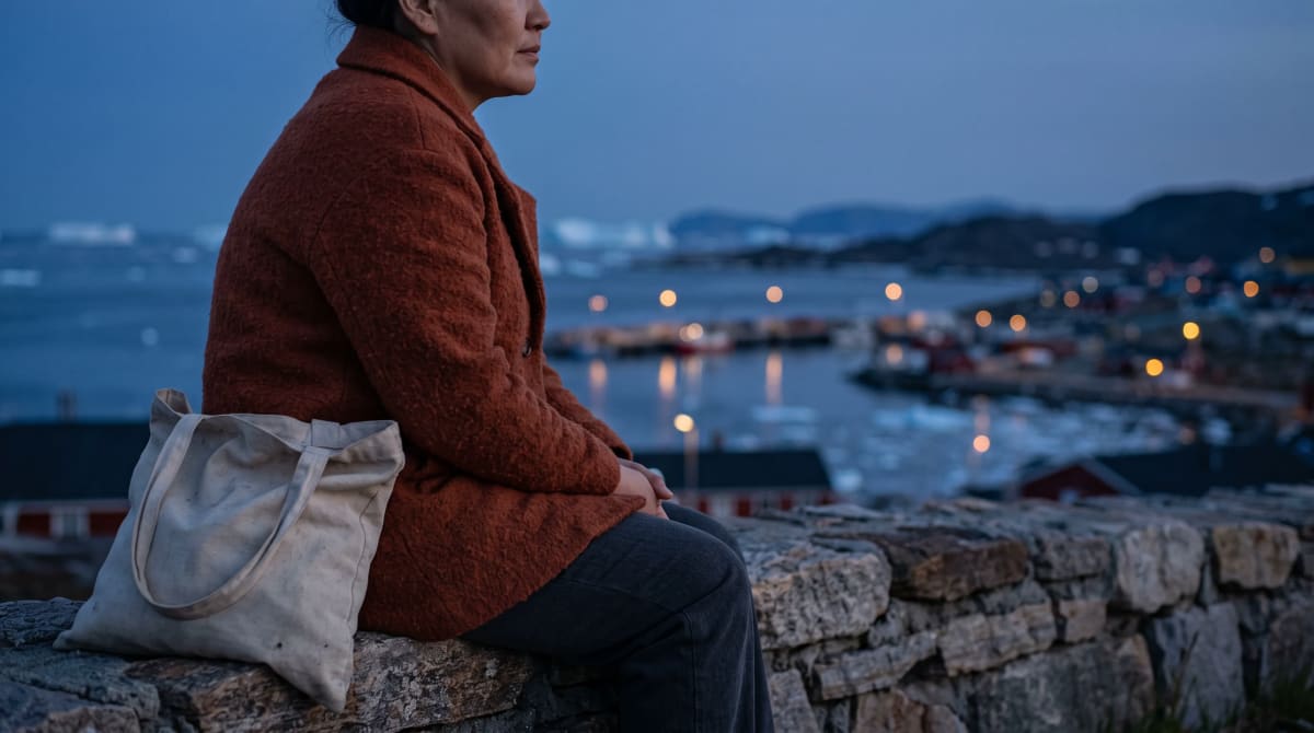 Woman in a terracotta coat seated on a low stone wall above a lamplit harbor at dusk, a canvas tote beside her