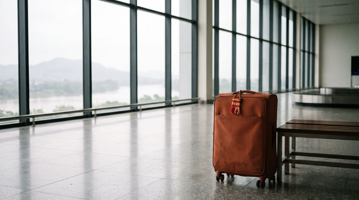Closed terracotta suitcase beside a low bench at the window wall of an empty airport baggage claim hall with hills beyond