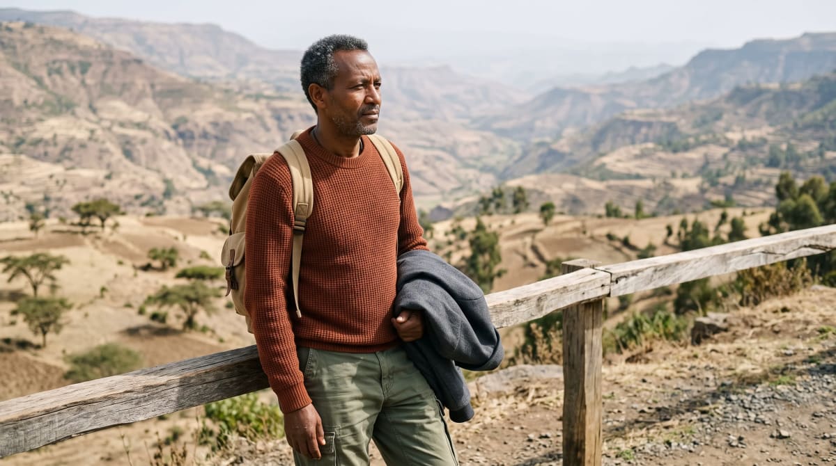Traveler with a backpack and folded jacket at a mountain overlook on a road trip
