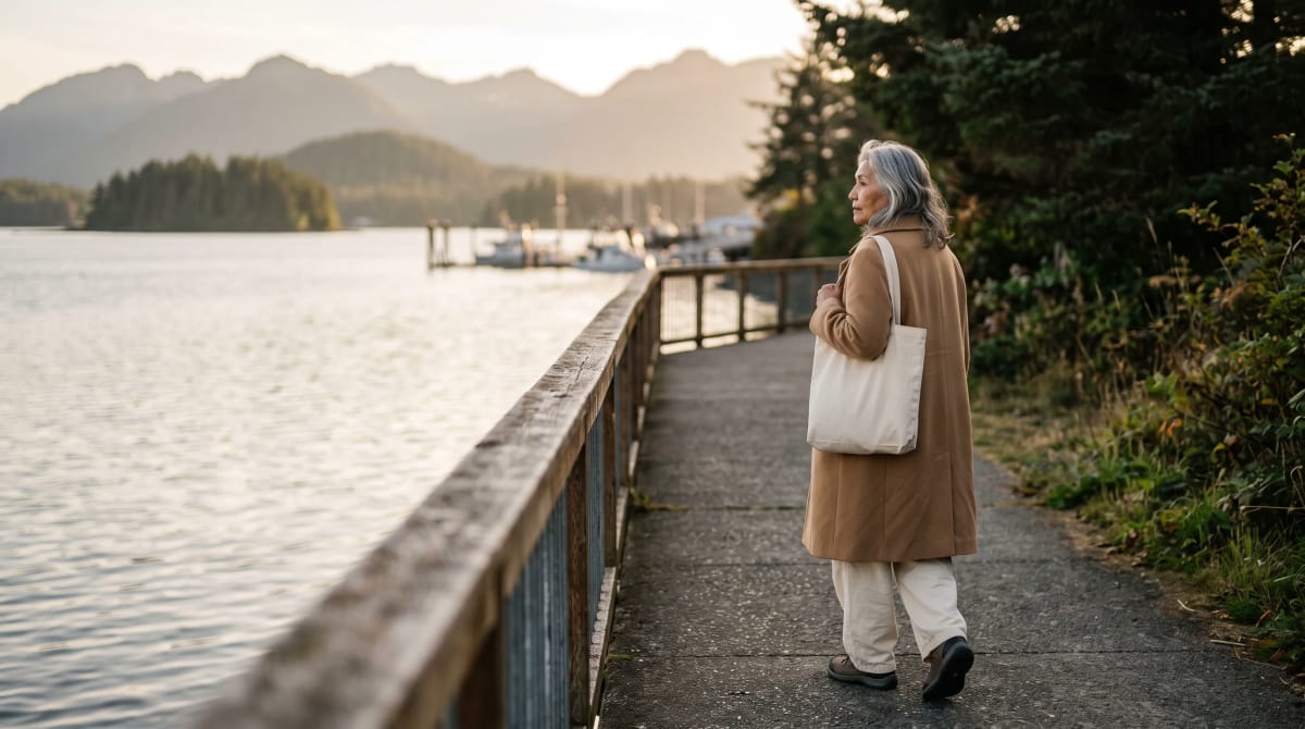 Traveler strolling on a seaside promenade at evening with a canvas tote