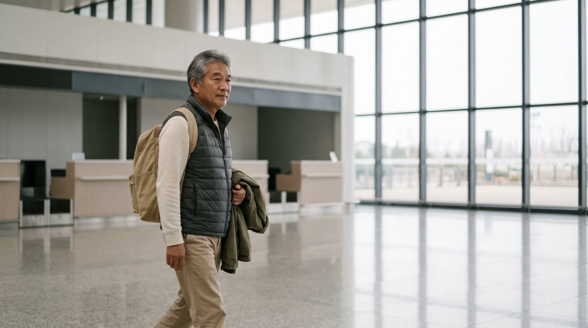 Man with a sand backpack and a folded olive jacket over one arm crossing a calm, empty airport rental car hall abroad