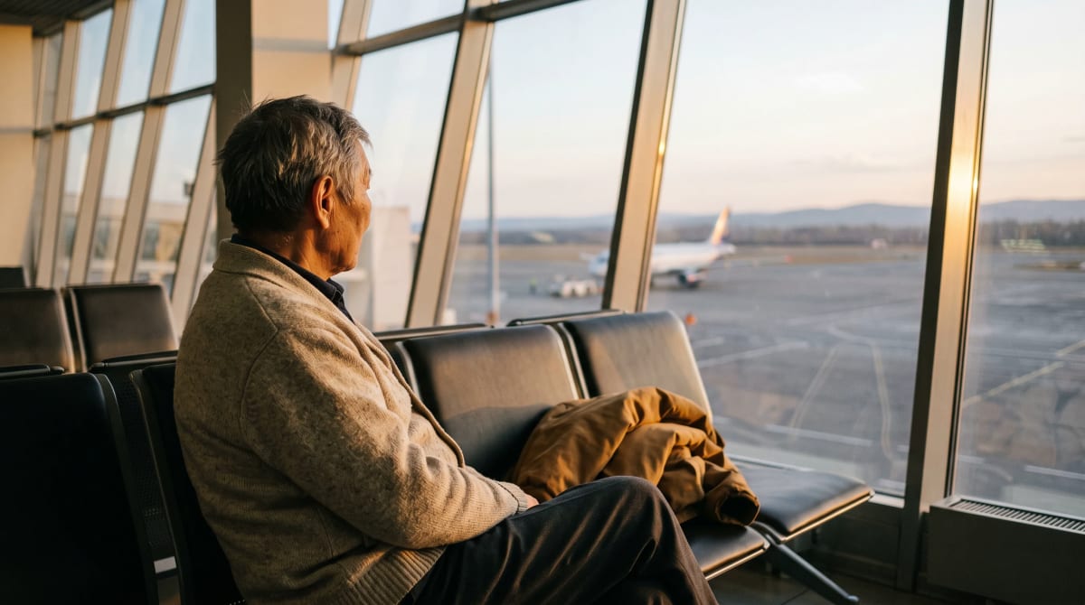 Airport gate seating by the window with a folded jacket on the seat beside a traveler