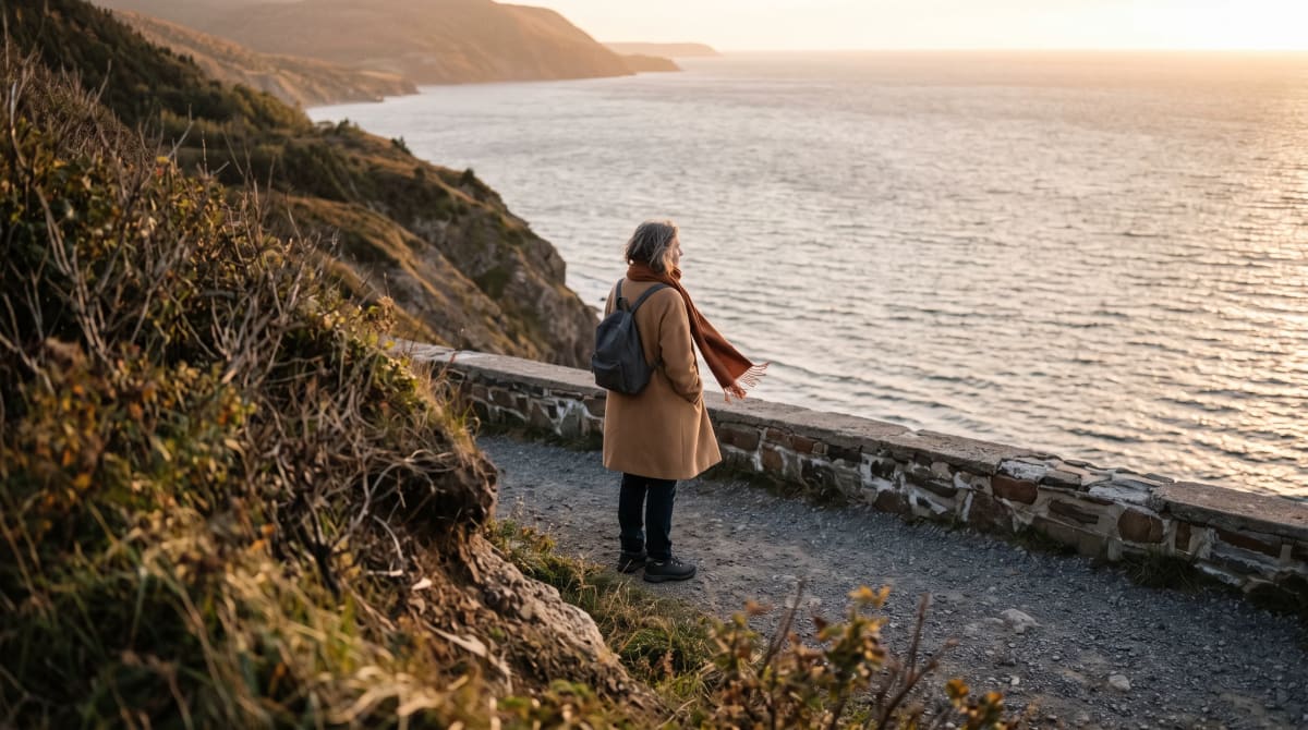 Traveler with a backpack and scarf takes in the view at a coastal overlook on a road trip