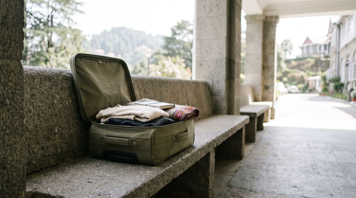 Open olive suitcase with folded clothes on a stone bench beneath a hotel porte-cochère canopy in late morning light