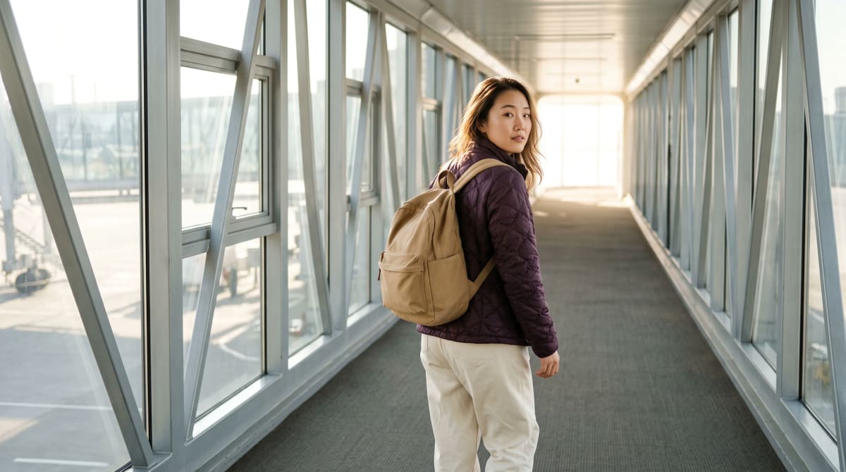 Woman with a sand backpack glancing back over her shoulder as she walks an empty jet bridge toward its bright far end