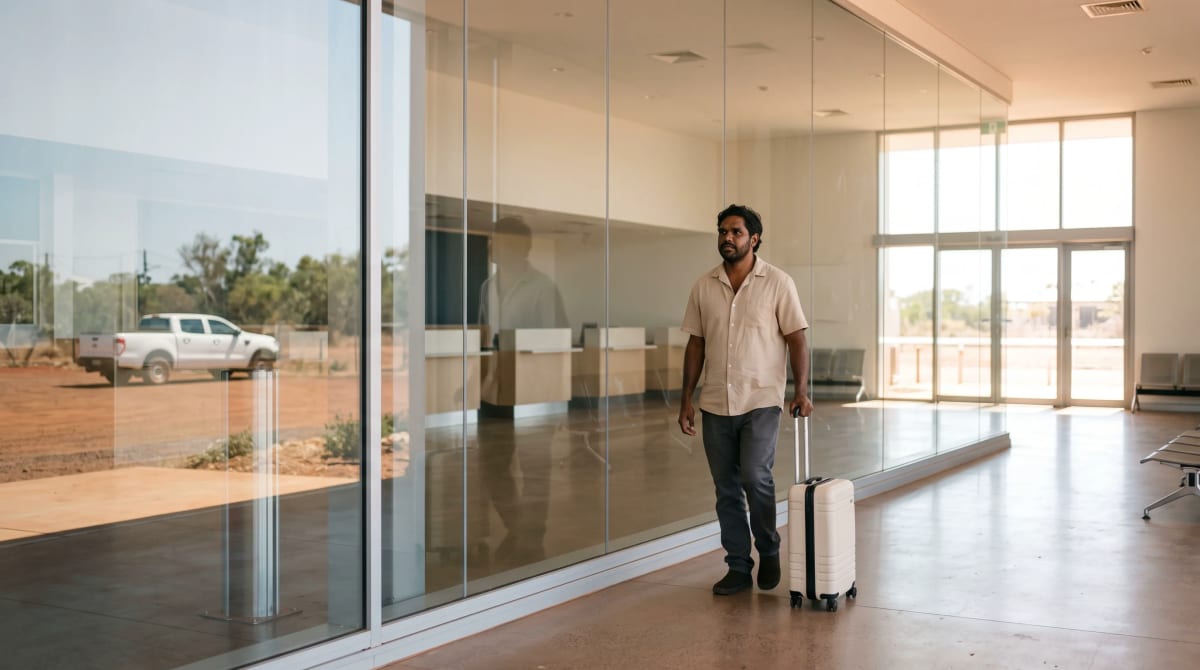 Man rolling a cream carry-on along the glass wall of an empty airport rental car hall toward bright doors