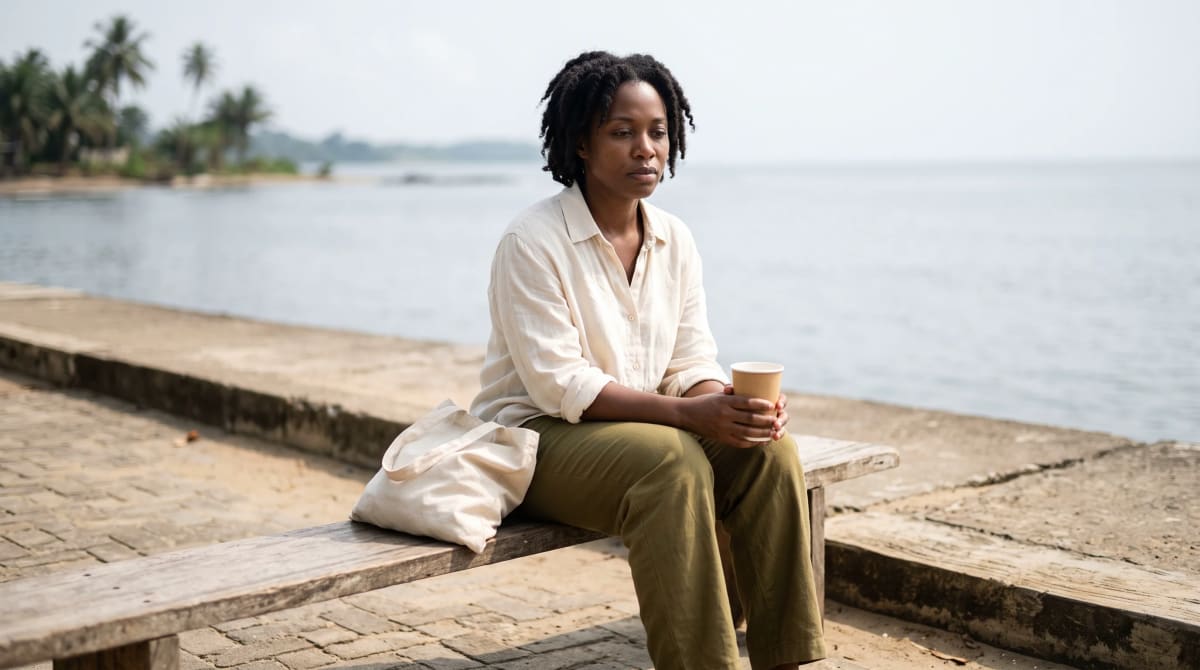 Woman on a waterfront promenade bench holding a paper cup, a canvas tote on the seat beside her in bright sea light