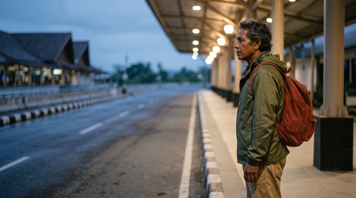Man in an olive rain jacket with a rust backpack waiting at the curb of a quiet airport departures lane before dawn