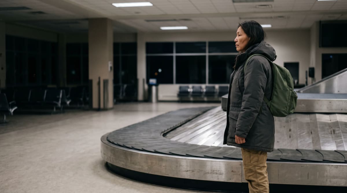 Traveler waiting at an airport baggage claim carousel with a backpack