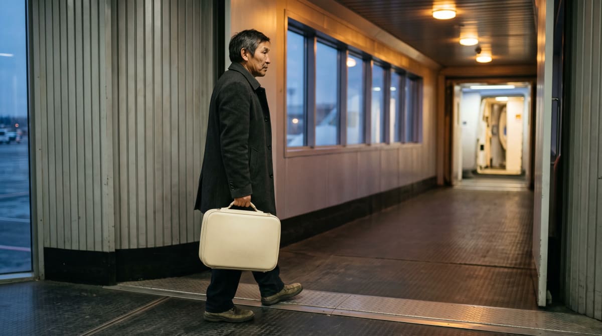 Traveler lifting a carry-on suitcase along an airport jet bridge during boarding