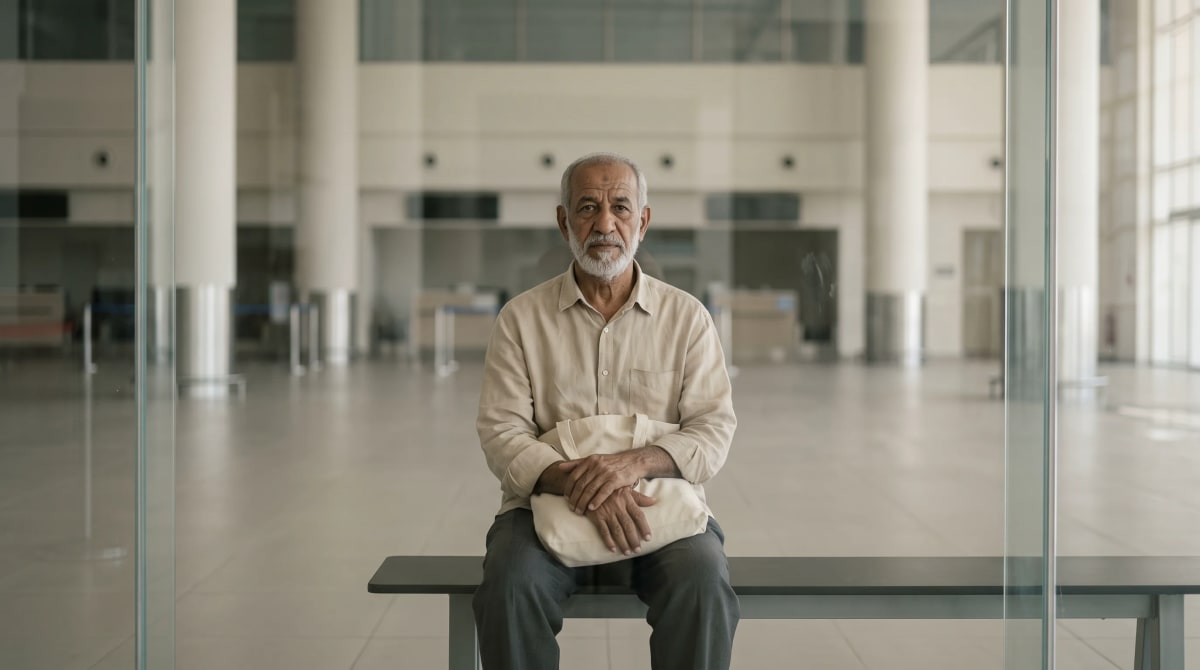 Traveler waiting on a bench in a calm airport rental car hall with a canvas tote