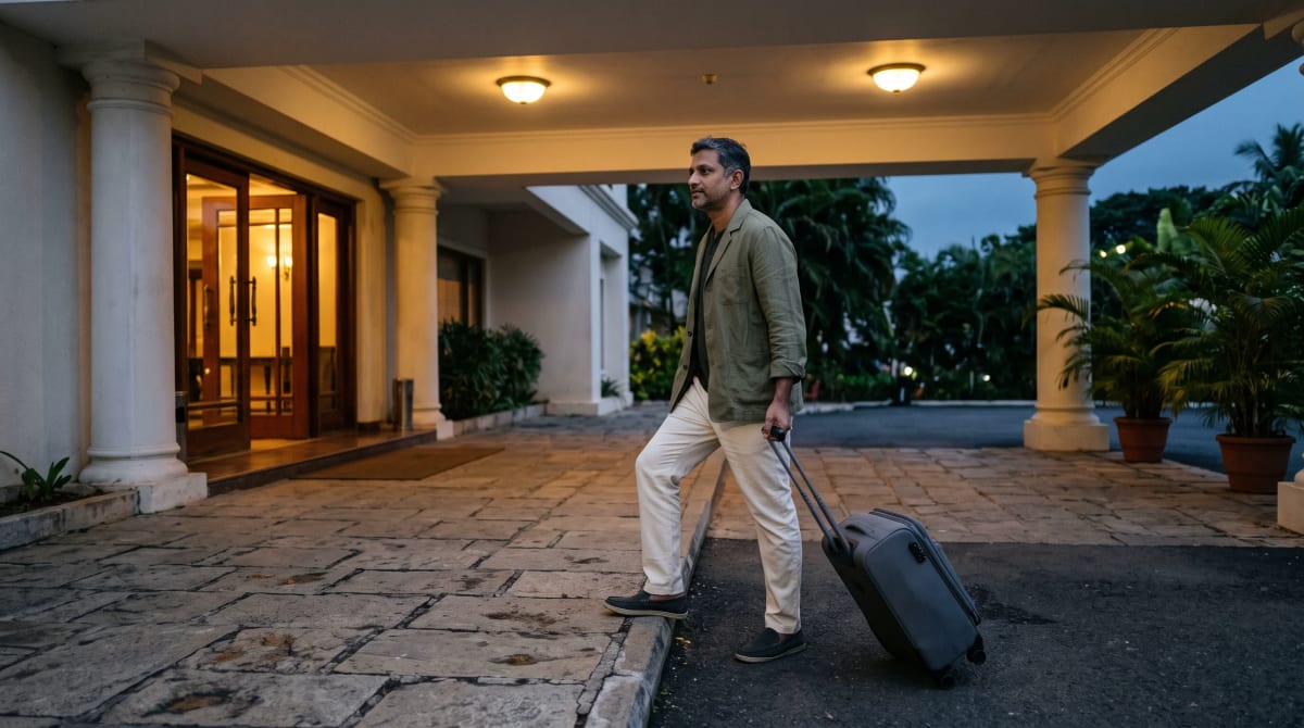 Traveler arriving under a hotel entrance canopy in the evening with a carry-on suitcase