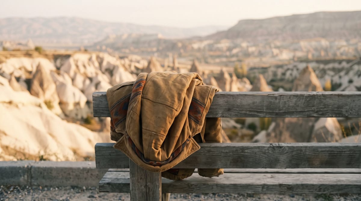 Folded jacket over a wooden bench at a scenic overlook with a wide valley view