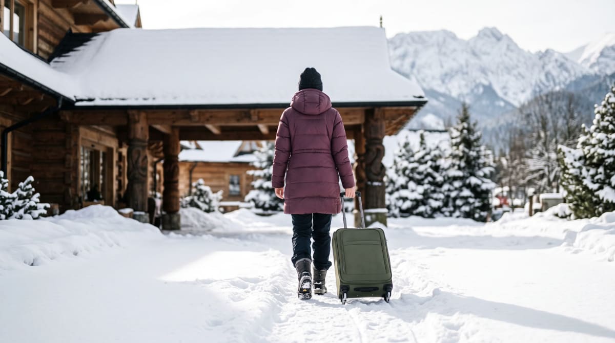 Traveler pulling a suitcase across a snowy hotel drive toward the entrance canopy on arrival