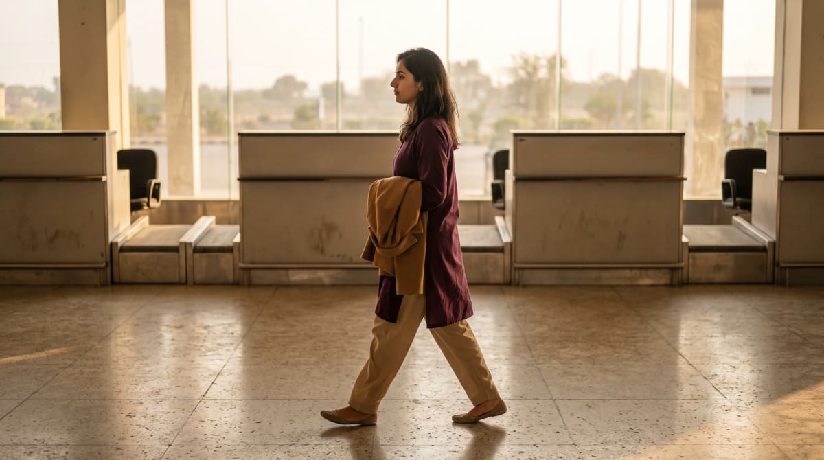 Traveler with a folded jacket over one arm crossing a calm airport rental car hall