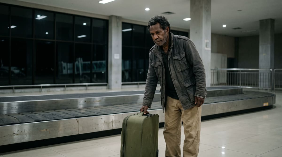 Traveler setting a suitcase down beside the stopped carousel in a quiet baggage claim hall