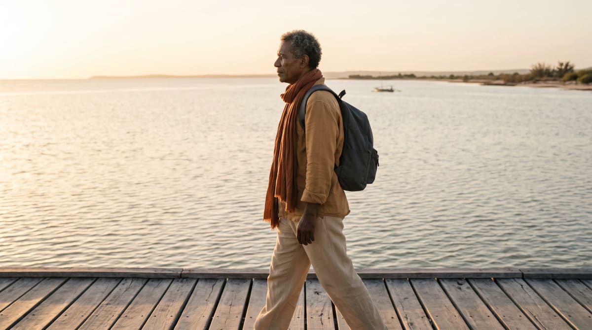 Traveler walking with a backpack and a scarf on a seaside boardwalk at golden hour
