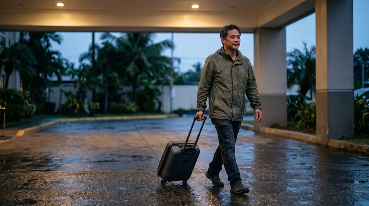 Traveler pulling a carry-on suitcase under a hotel porte-cochère on a weekend arrival