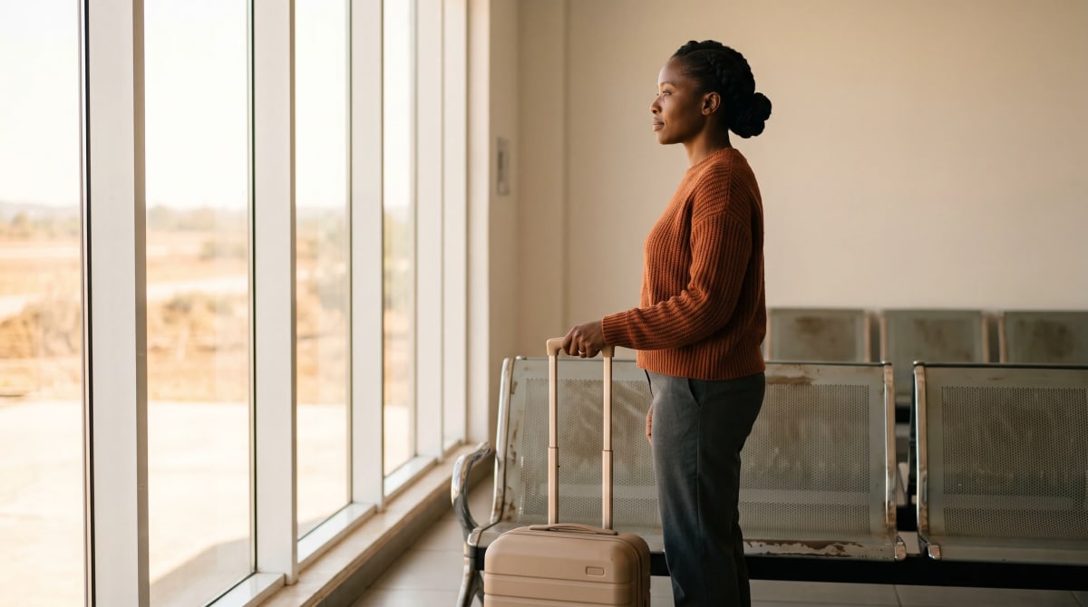 Traveler waiting with a carry-on suitcase by a sparse airport gate row in the morning