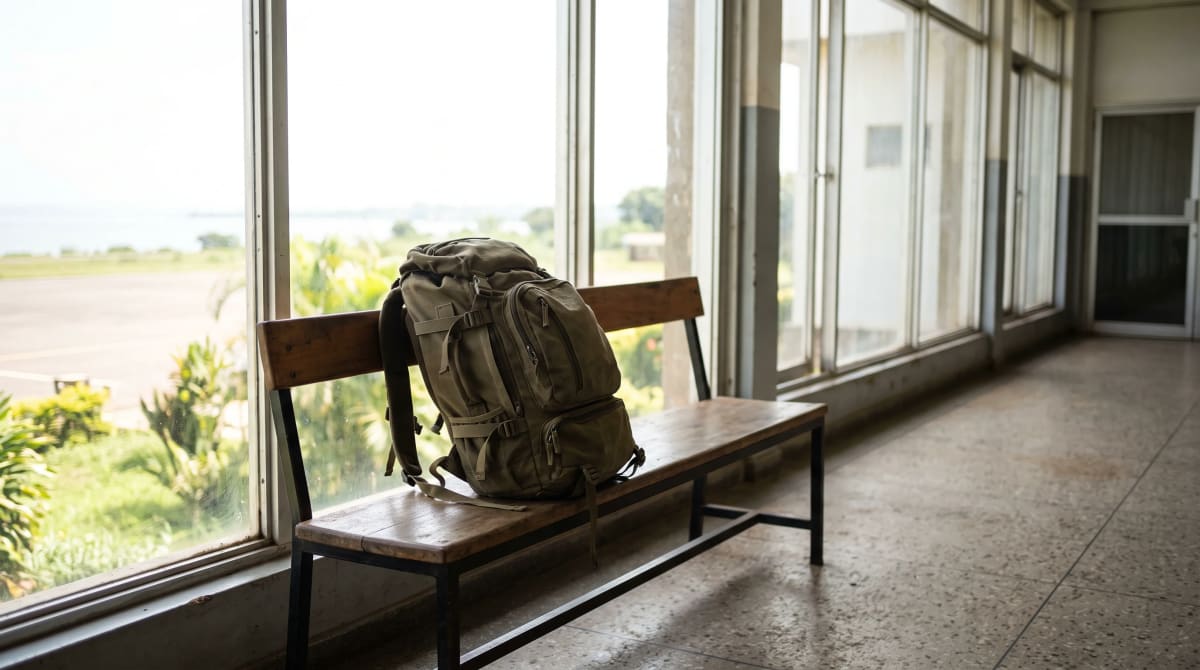 Backpack set on a bench at an airport baggage claim on arrival with a window view beyond