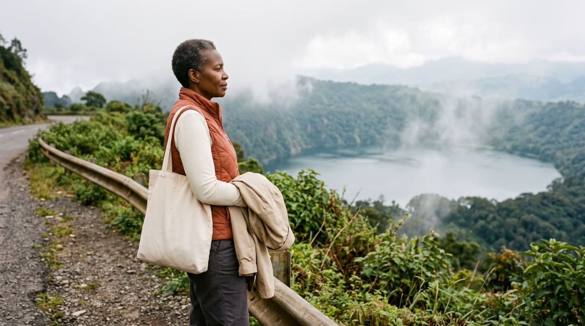 Traveler with a canvas tote and a folded jacket at a mountain lake overlook