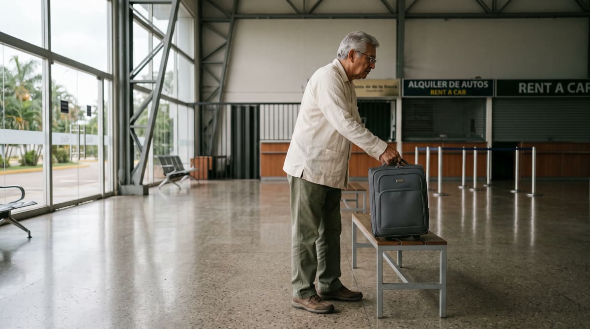 Traveler lifting a carry-on suitcase onto a bench in a calm airport rental car hall