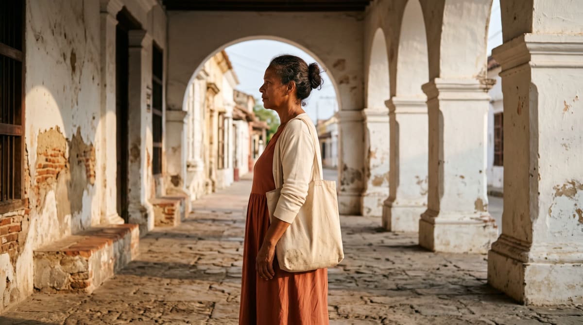 Traveler with a canvas tote waiting under a whitewashed hotel porte-cochère in late afternoon