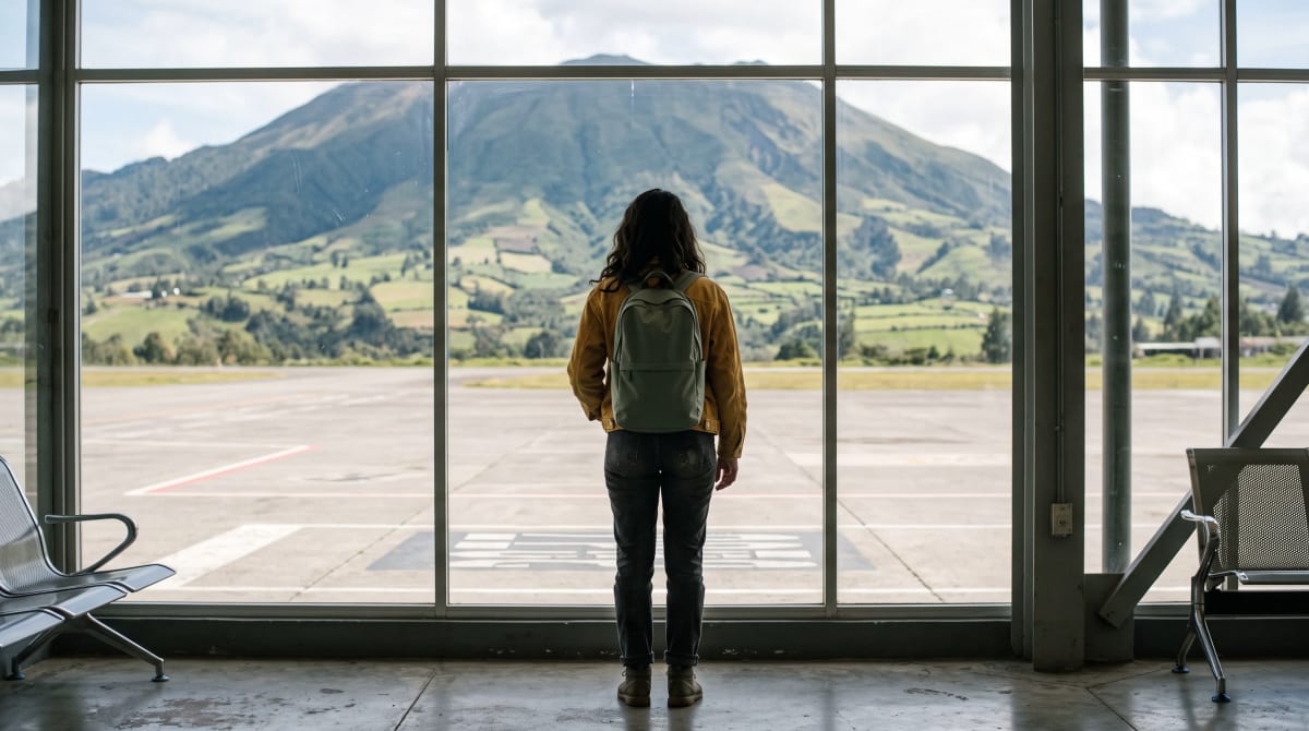 Traveler with a backpack looking out of an airport gate window at the mountains