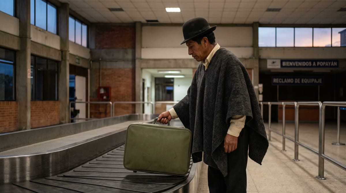 Traveler lifts a suitcase off the baggage carousel in an arrivals hall.