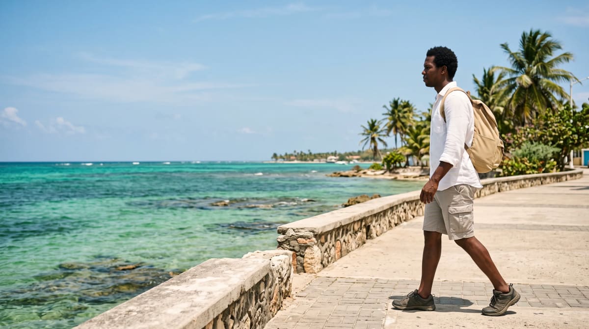 Traveler with a backpack arriving along a seaside promenade in the bright afternoon