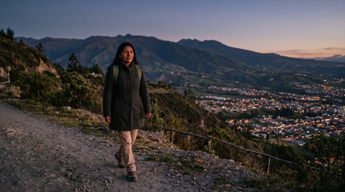 Traveler with a backpack walking a hillside overlook above city lights at dusk