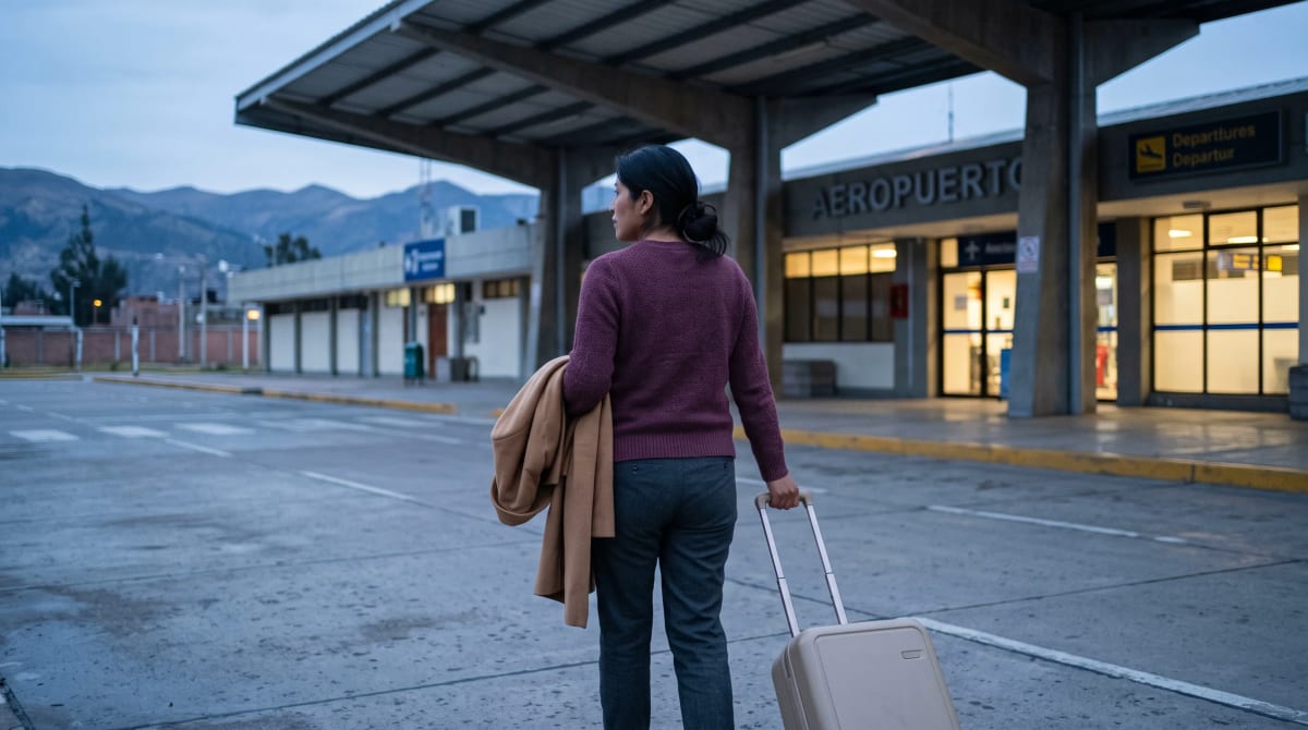 Traveler arrives at the departure curb in the early morning with a carry-on suitcase and a folded jacket.