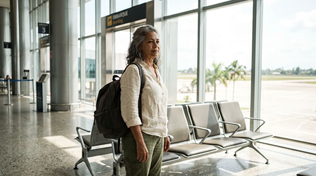 Traveler with a backpack waiting calmly beside a sparse airport gate row at midday