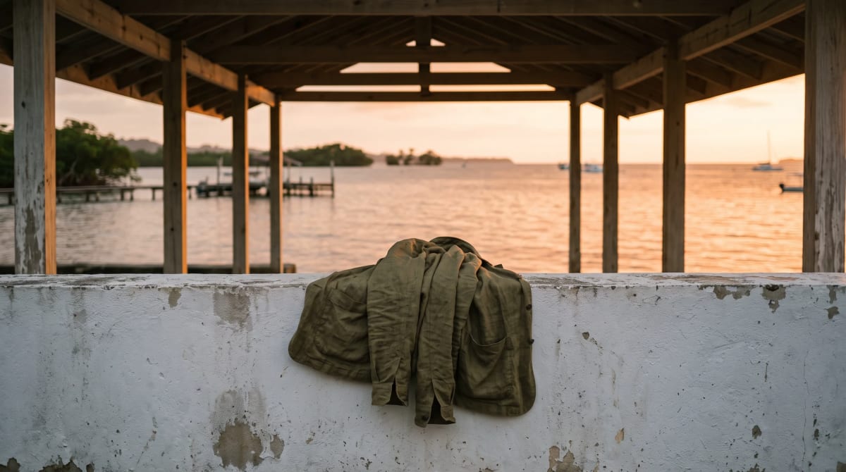 Folded jacket laid over a low whitewashed wall beside the water at sunset