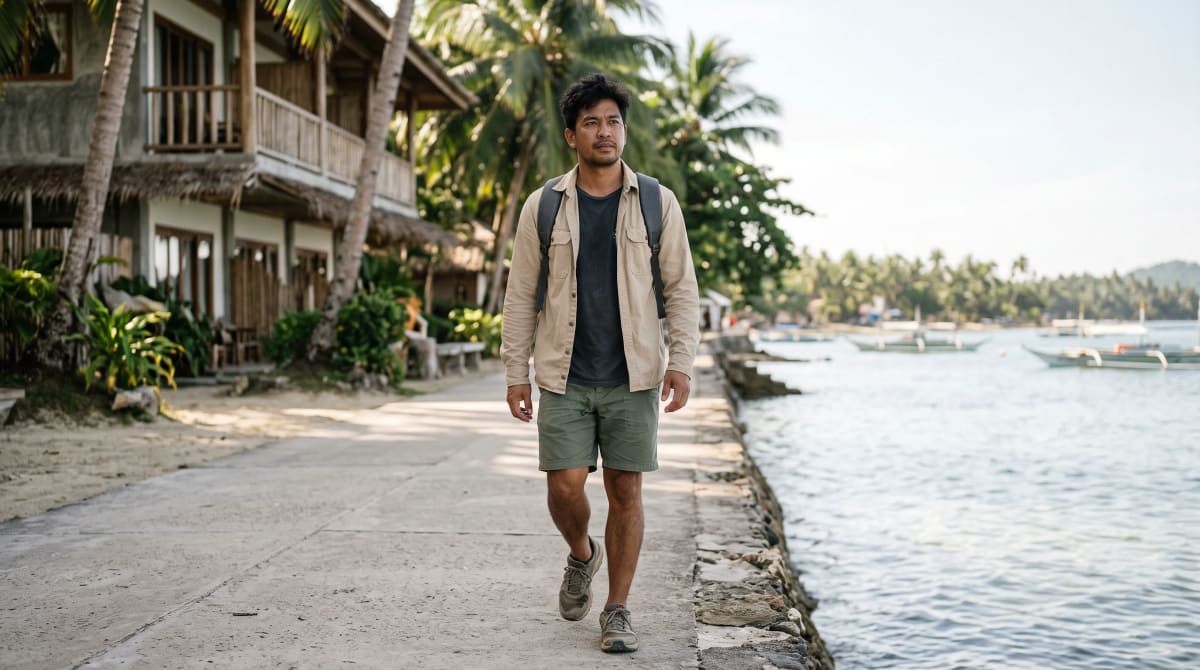 Traveler with a backpack walking a waterfront promenade in front of a hotel.