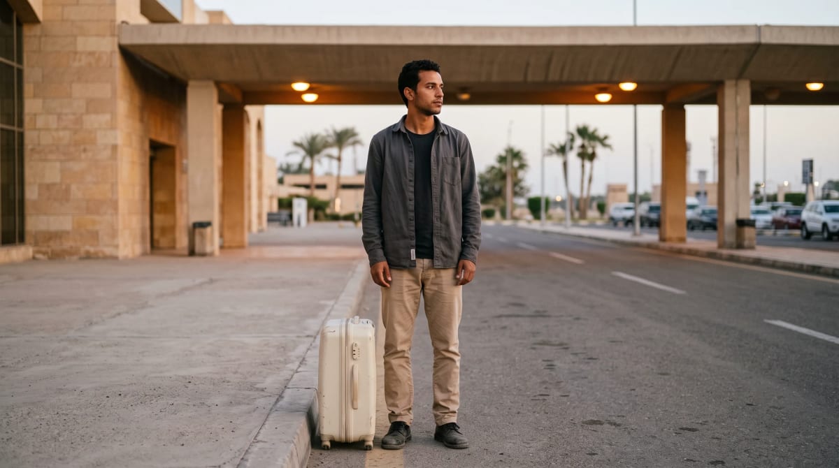 Traveler at airport arrivals curb with a suitcase.