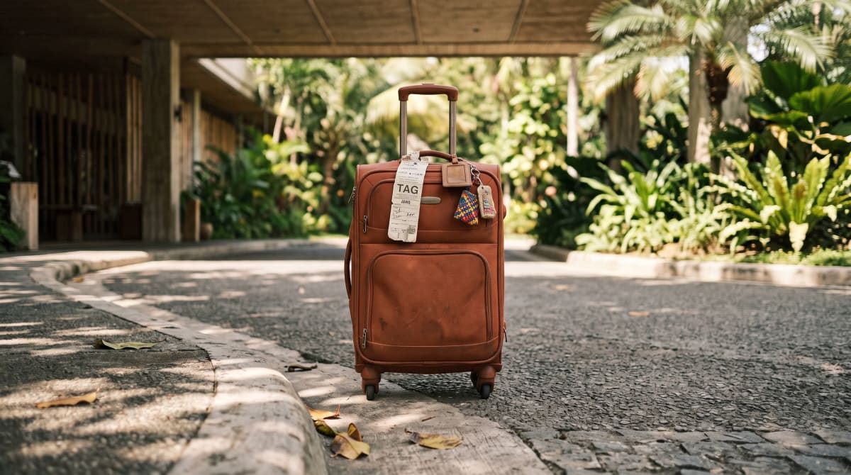 Closed suitcase standing upright at a quiet hotel arrival curb in the afternoon.