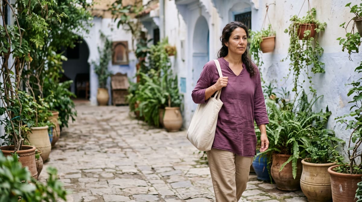 Traveler with a canvas tote walking along a quiet hotel garden path at midday.