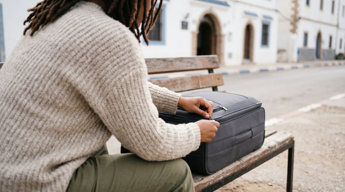 Traveler zipping a suitcase shut on a bench at a hotel arrival curb before departure.