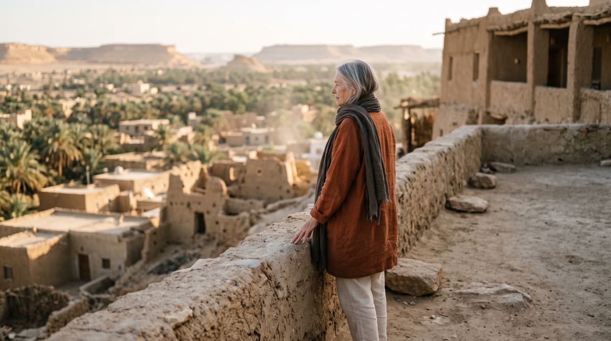 Traveler on a hotel promenade overlooking the city.