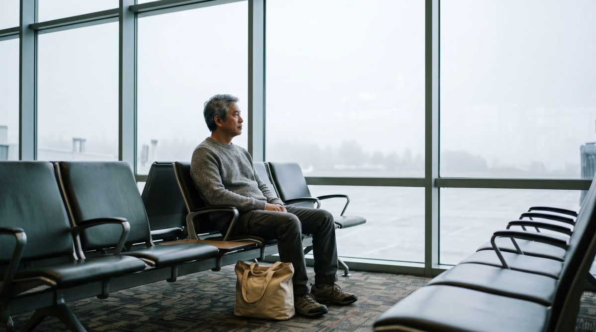 Solo traveler resting by a quiet airport gate window with a tote bag