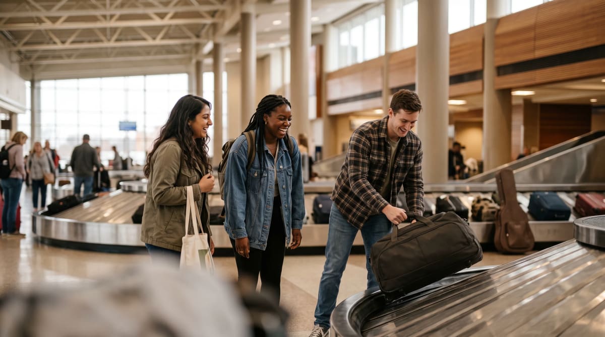 Three friends gathering luggage at an airport baggage claim carousel