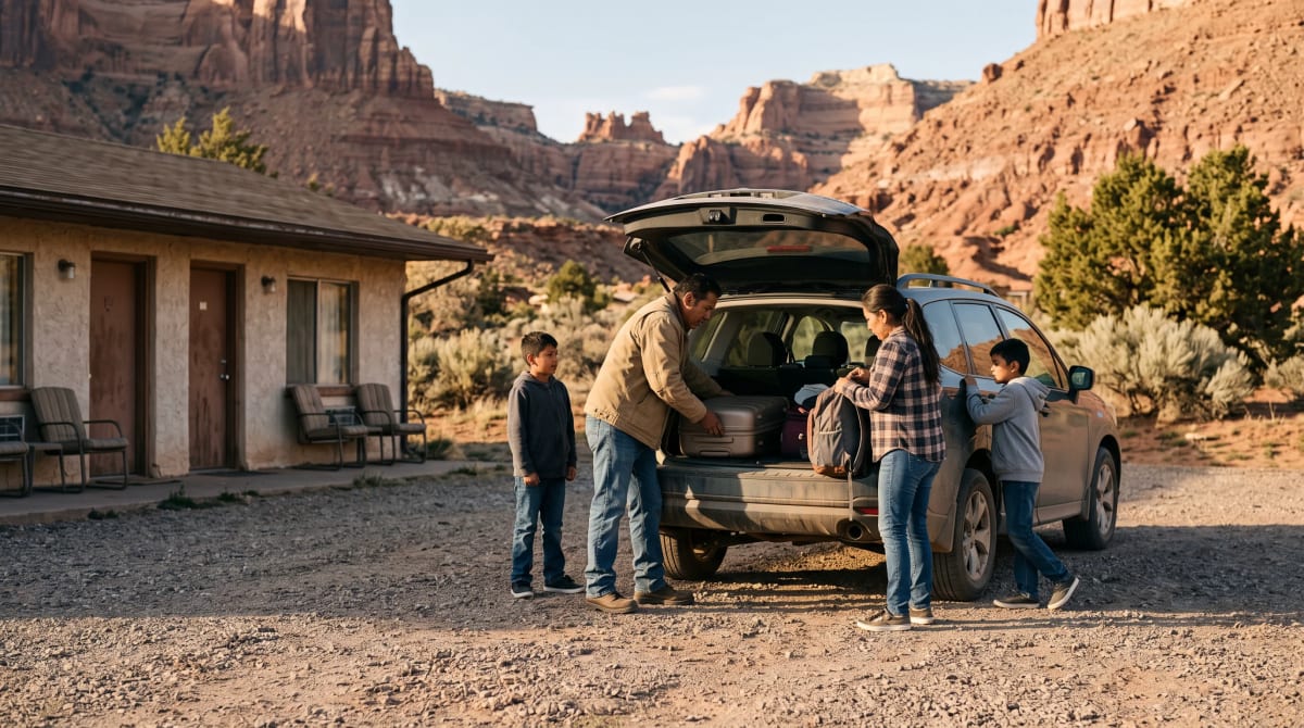 Family loading bags outside a desert roadside motor lodge in late afternoon