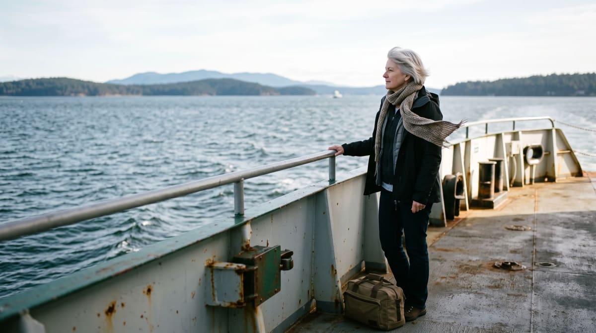 Traveler on a ferry deck with a scarf during a coastal crossing
