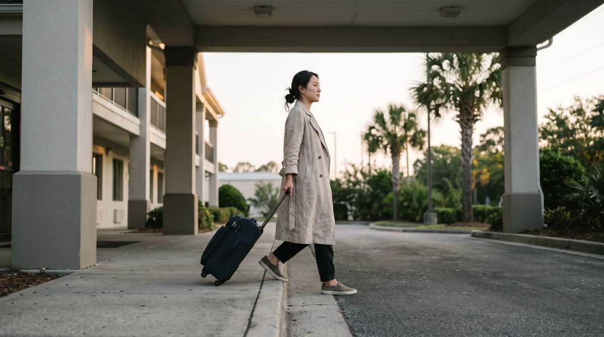 Traveler arriving under a hotel porte-cochere with a carry-on in morning light