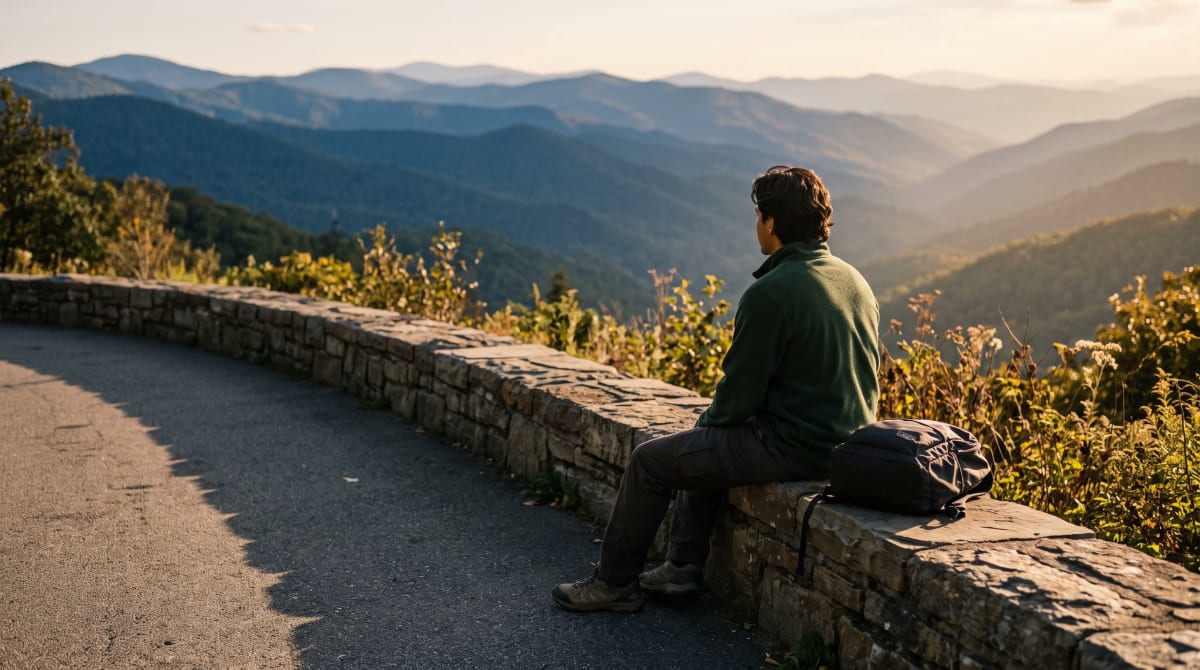 Traveler pausing at a mountain highway overlook with a backpack