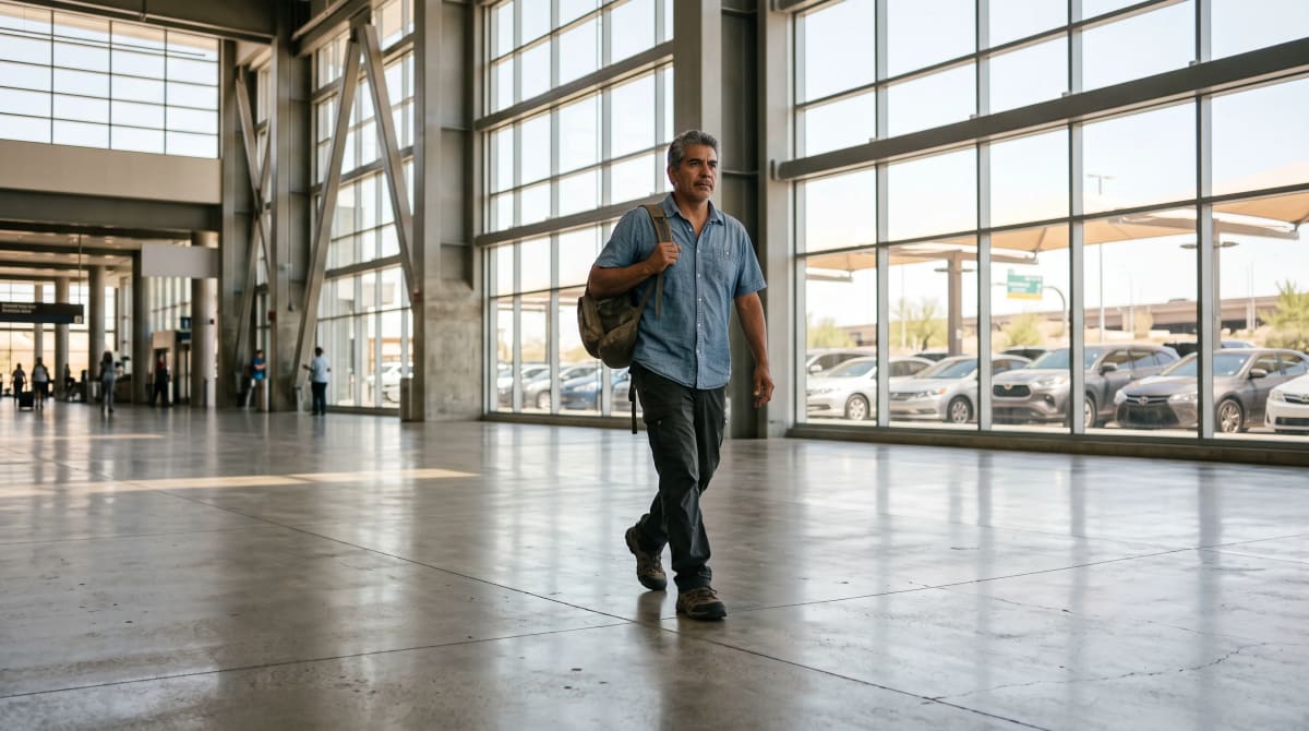 Traveler crossing a bright rental car hall with a backpack before a road trip