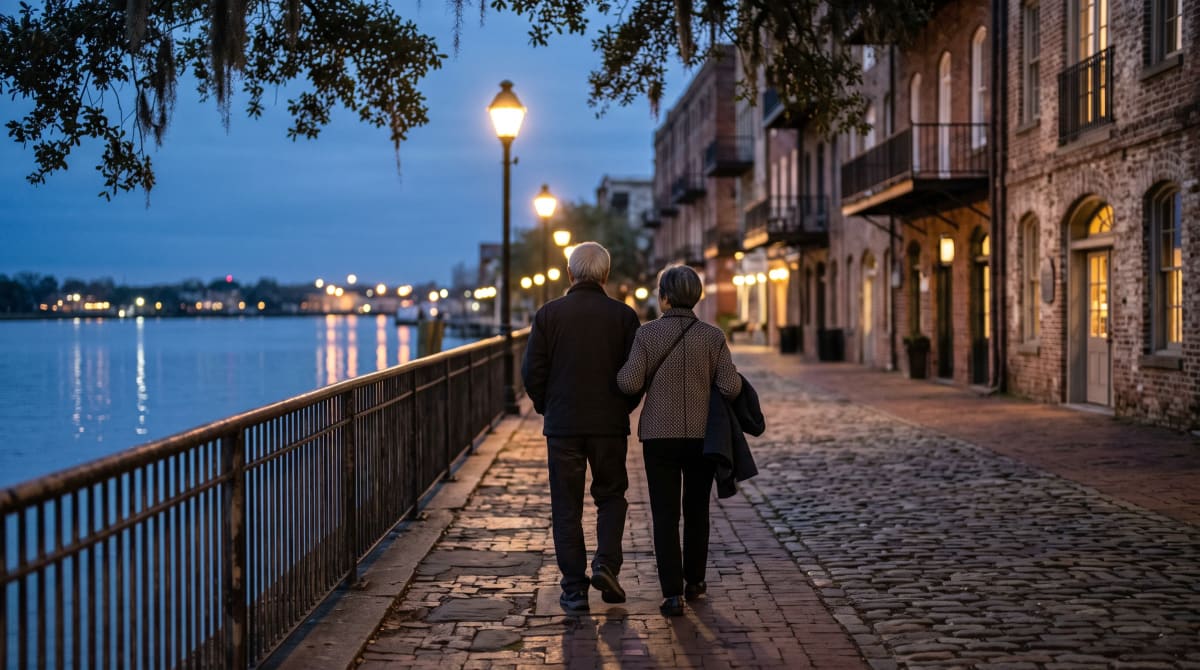 Couple strolling a waterfront promenade near a hotel at blue hour